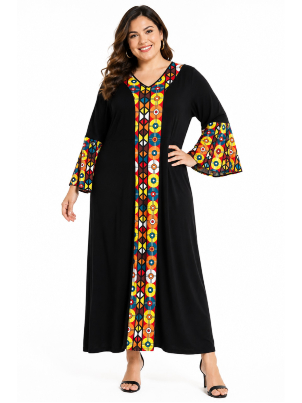 Bohemian Style Plus Size XXL Black Geometric Print Bell Sleeve Maxi Dress
